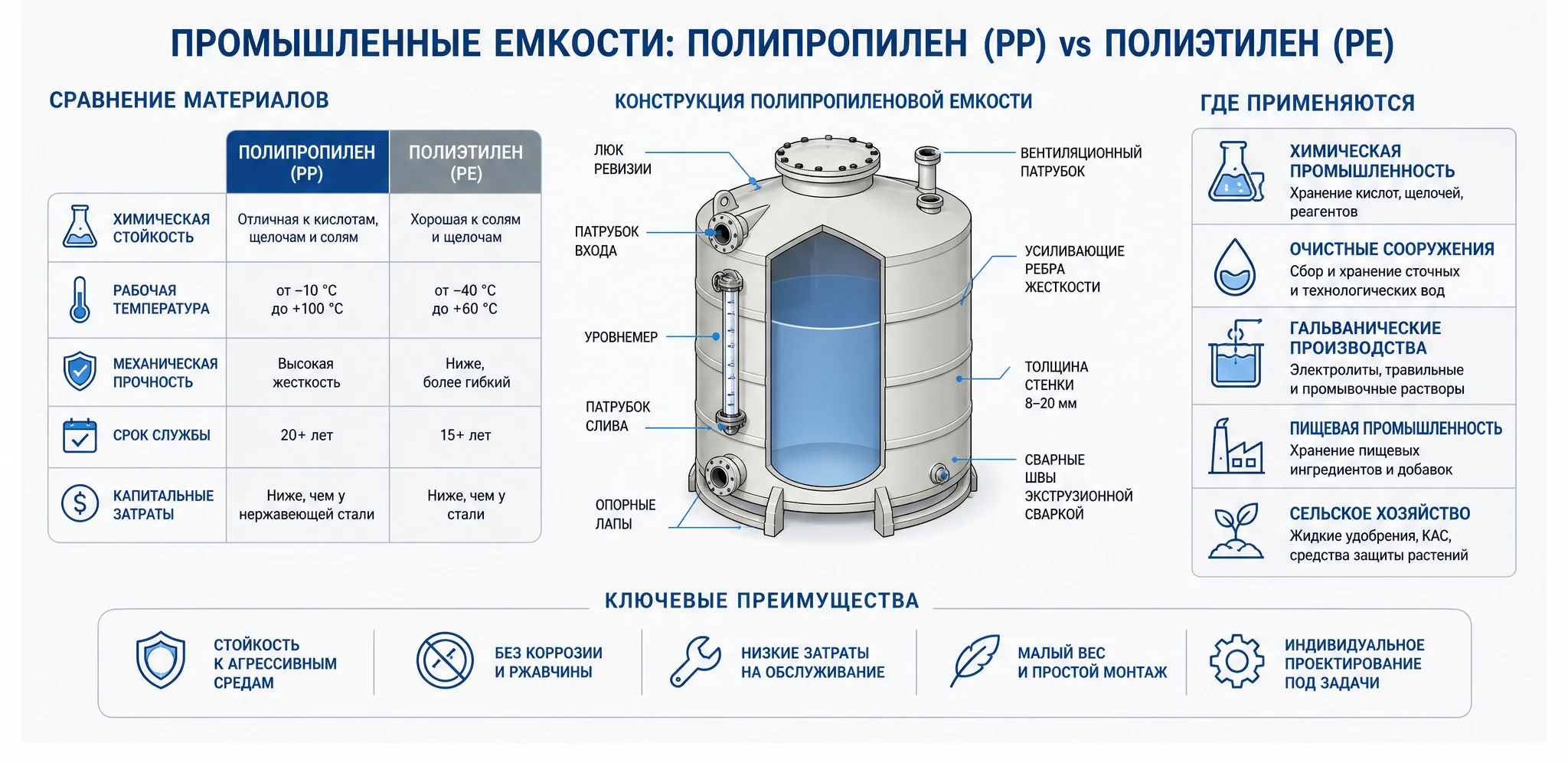 Где и как применяются промышленные емкости из полипропилена — схема сравнения материалов