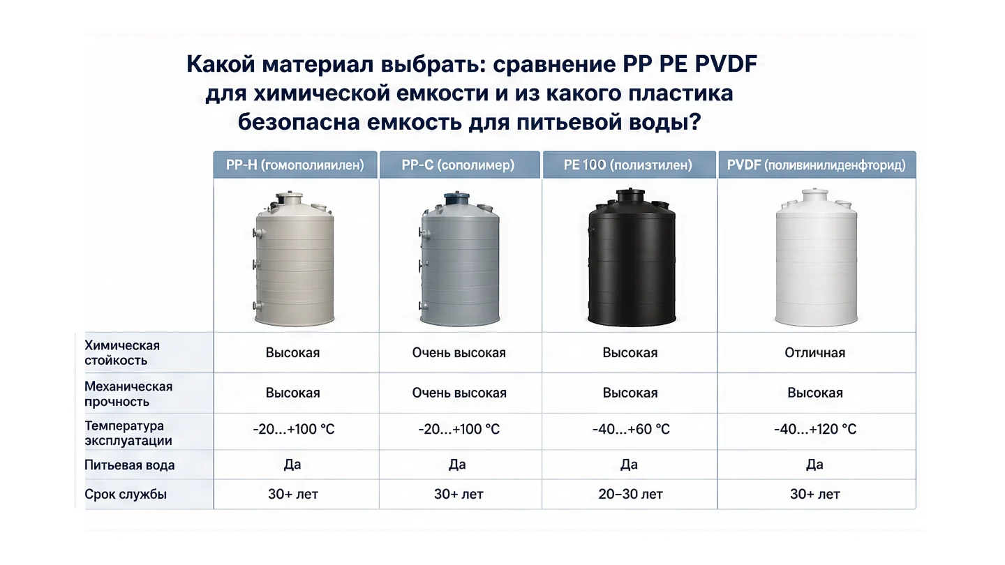 Сравнение PP, PE и PVDF для ёмкости — иллюстрация