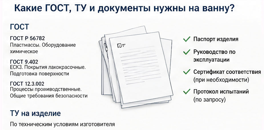 Какие ГОСТ, ТУ и документы нужны на ванну? — схема устройства