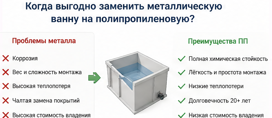 Когда выгодно заменить металлическую ванну на полипропиленовую? — схема устройства
