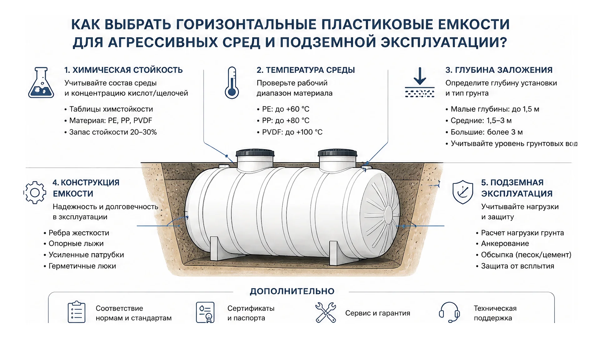 Как выбрать горизонтальные пластиковые емкости для агрессивных сред и подземной эксплуатации? — чек-лист параметров ёмкости