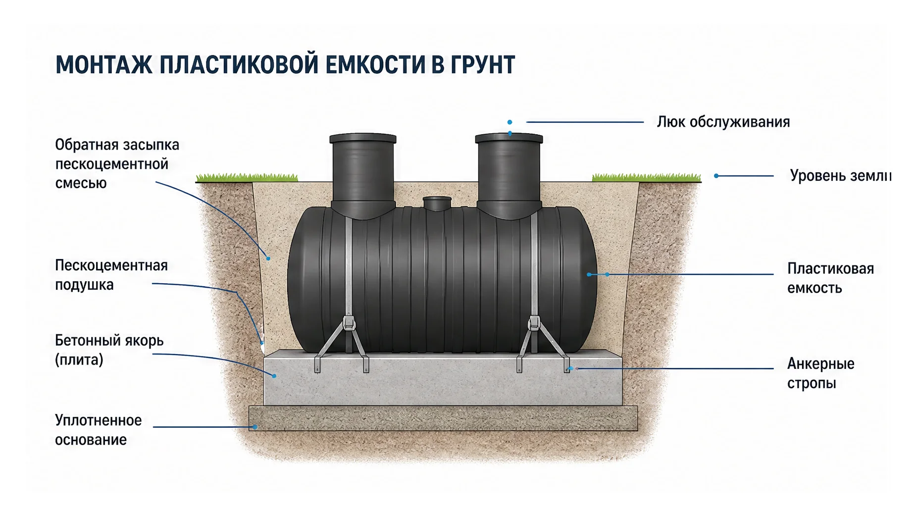 Как правильно выполнить монтаж пластиковых емкостей в грунт? — техническая иллюстрация