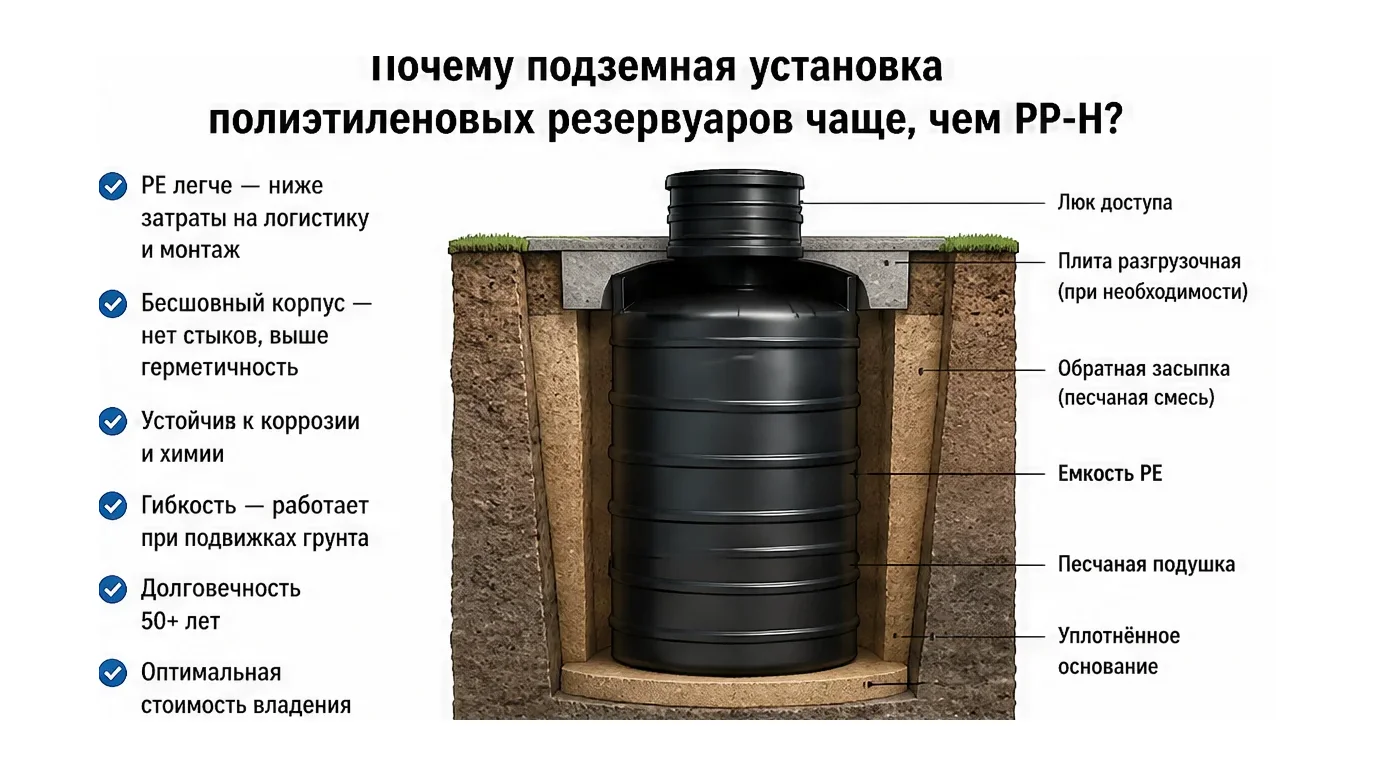 Почему подземная установка полиэтиленовых резервуаров чаще, чем PP-H? — схема устройства