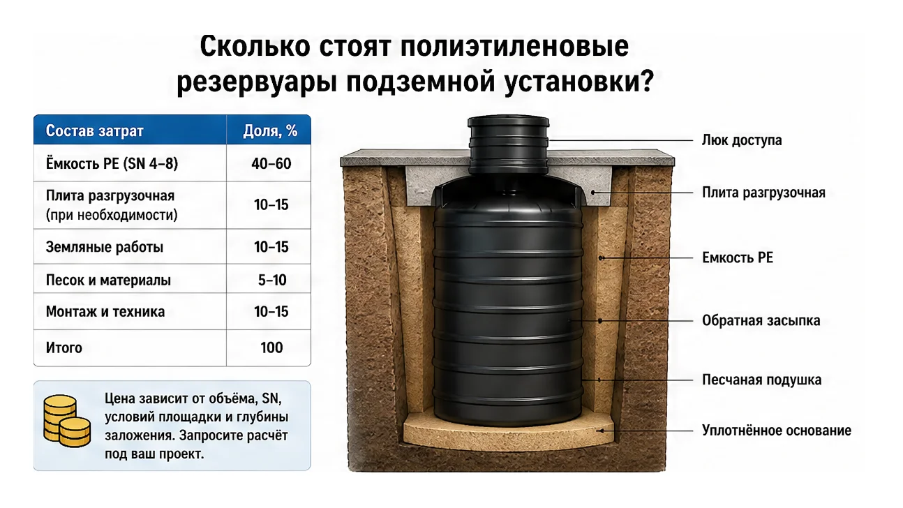 Сколько стоят полиэтиленовые резервуары подземной установки? — схема устройства