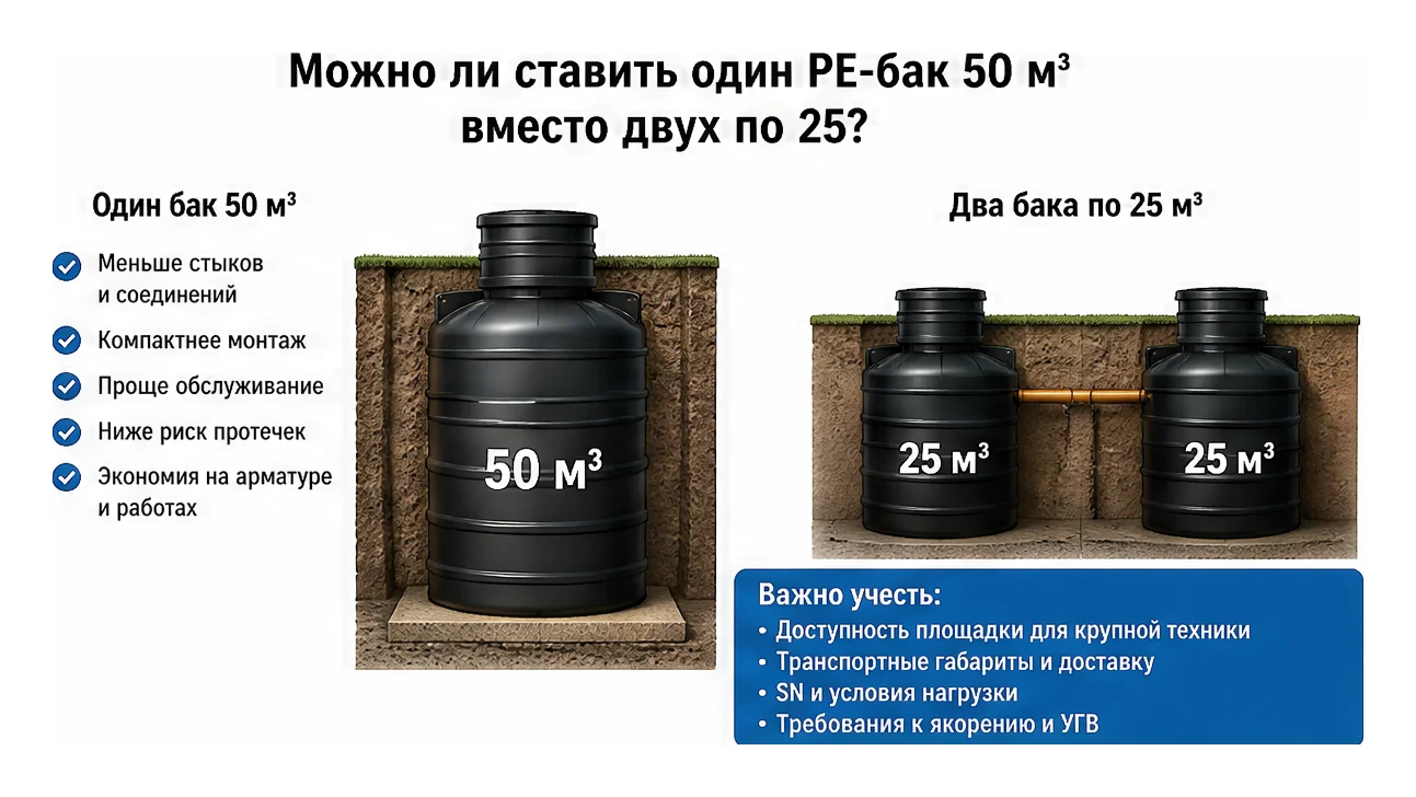Можно ли ставить один PE-бак 50 м³ вместо двух по 25? — схема устройства
