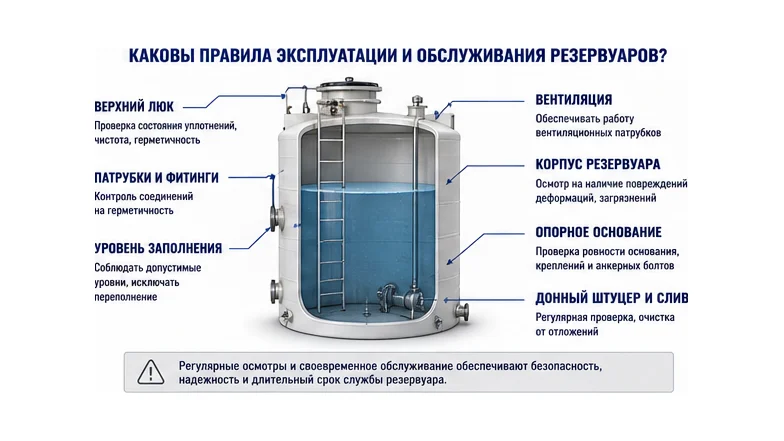 Каковы правила эксплуатации и обслуживания резервуаров? — схема устройства
