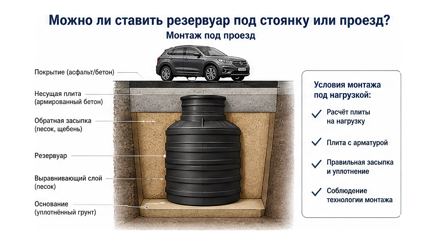 Можно ли ставить резервуар под стоянку или проезд? — схема устройства