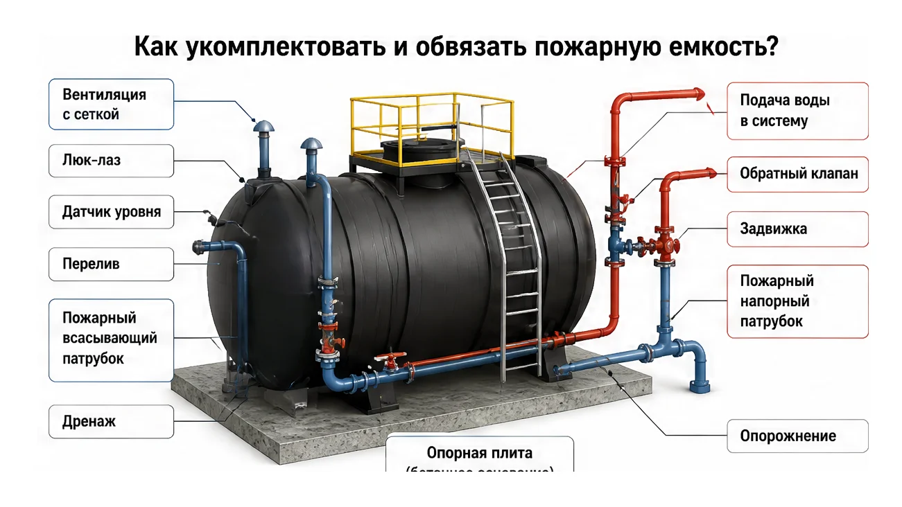 Как укомплектовать и обвязать пожарную емкость? — схема устройства