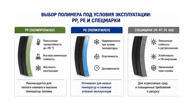Выбор полимера под условия эксплуатации: PP, PE и спецмарки — схема устройства