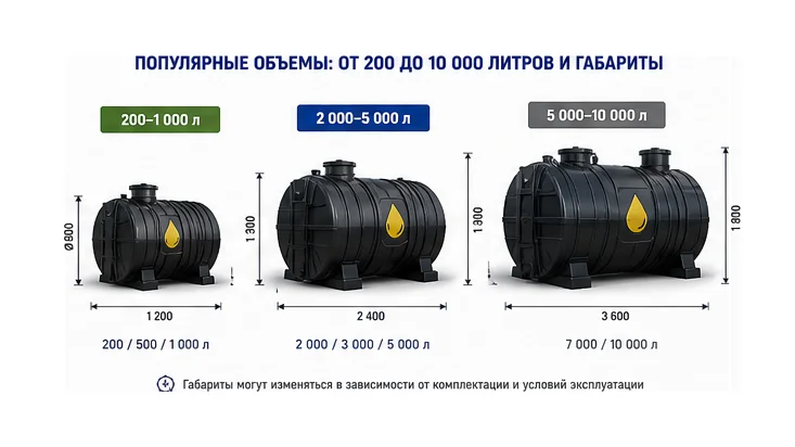 Популярные объемы: от 200 до 10 000 литров и габариты — схема устройства